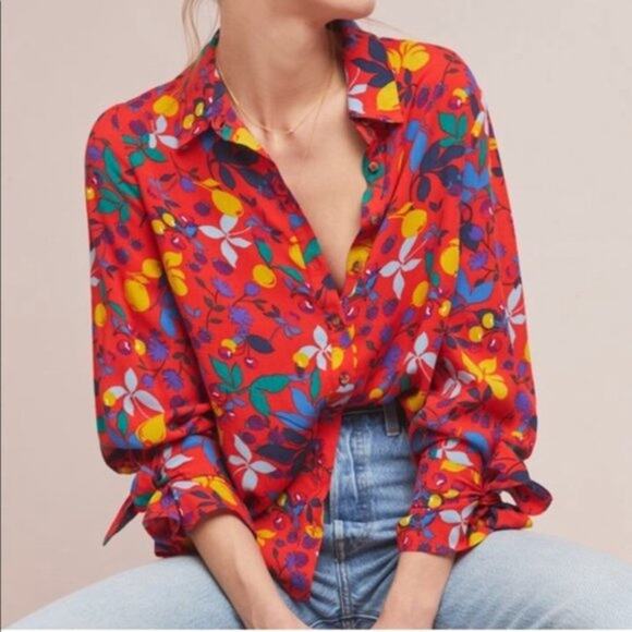 Anthropologie MAEVE Blithe Button Down Shirt Red Fruit Floral Challis Womens 4 - Picture 8 of 9